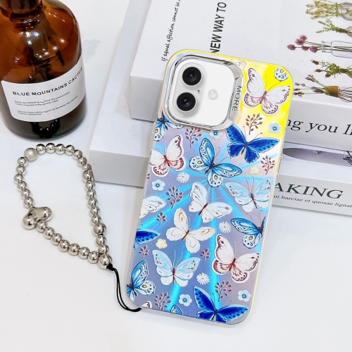 

For iPhone 16 Plus Electroplating Laser Butterfly Phone Case with Wrist Strap(Blue Butterflies AB4)