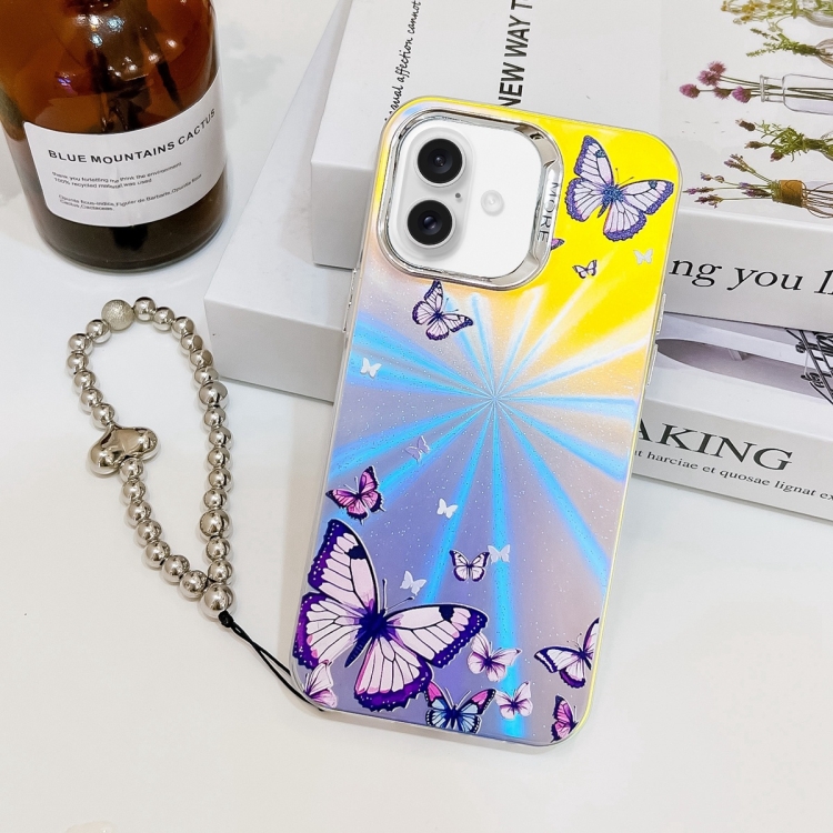 

For iPhone 16 Electroplating Laser Butterfly Phone Case with Wrist Strap(Purple Butterflies AB3)