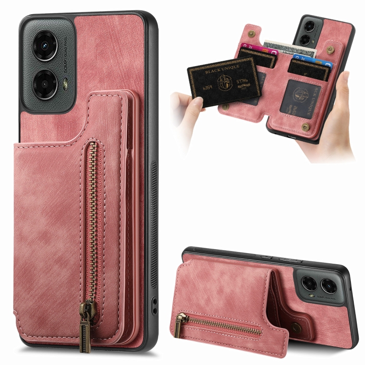 

For Motorola Moto G 2024 Retro Leather Zipper Wallet Back Phone Case(Pink)