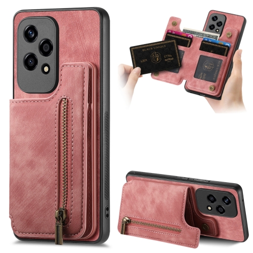 

For Honor 200 Lite Retro Leather Zipper Wallet Back Phone Case(Pink)