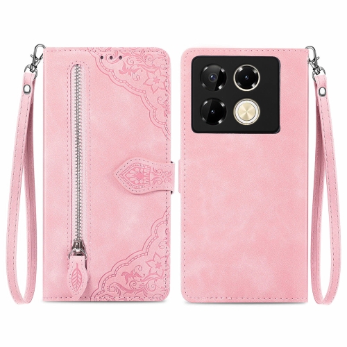 

For Infinix Note 40 Pro 4G Embossed Flower Zipper Leather Phone Case(PinK)