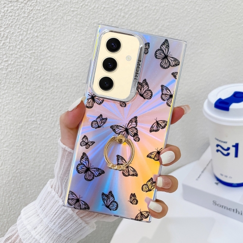 

For Samsung Galaxy S24+ 5G Electroplating Laser Butterfly Ring Holder Phone Case(Black Butterflies AB5)