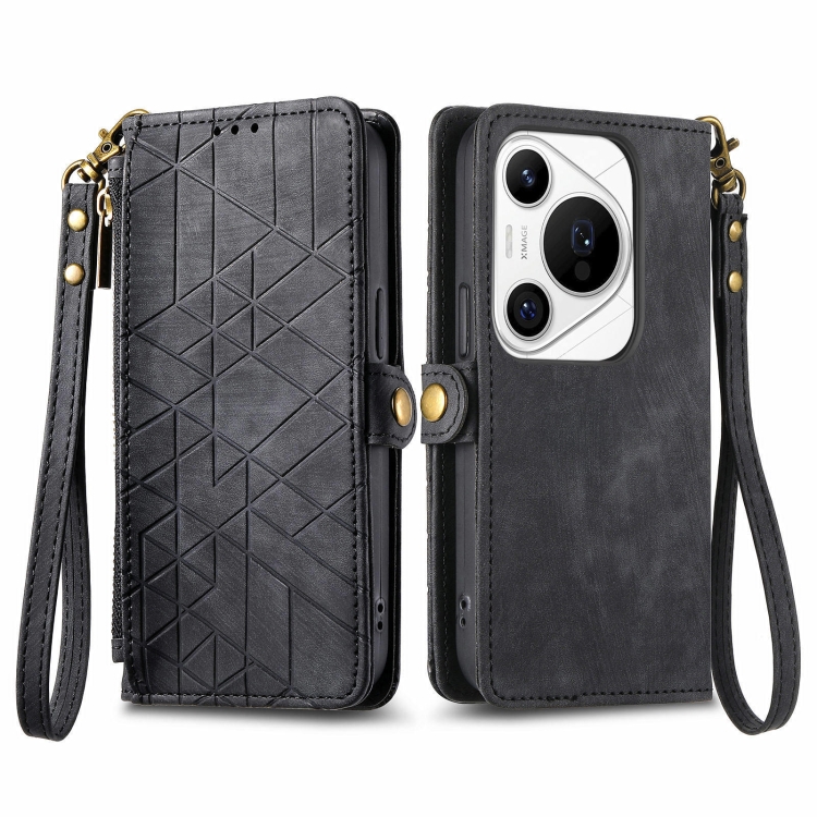

For Huawei Pura 70 Pro+ Geometric Zipper Wallet Side Buckle Leather Phone Case(Black)