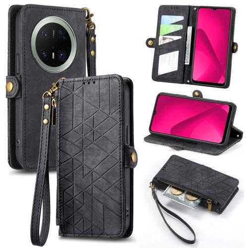 

For Huawei Mate 70 Pro+ Geometric Zipper Wallet Side Buckle Leather Phone Case(Black)