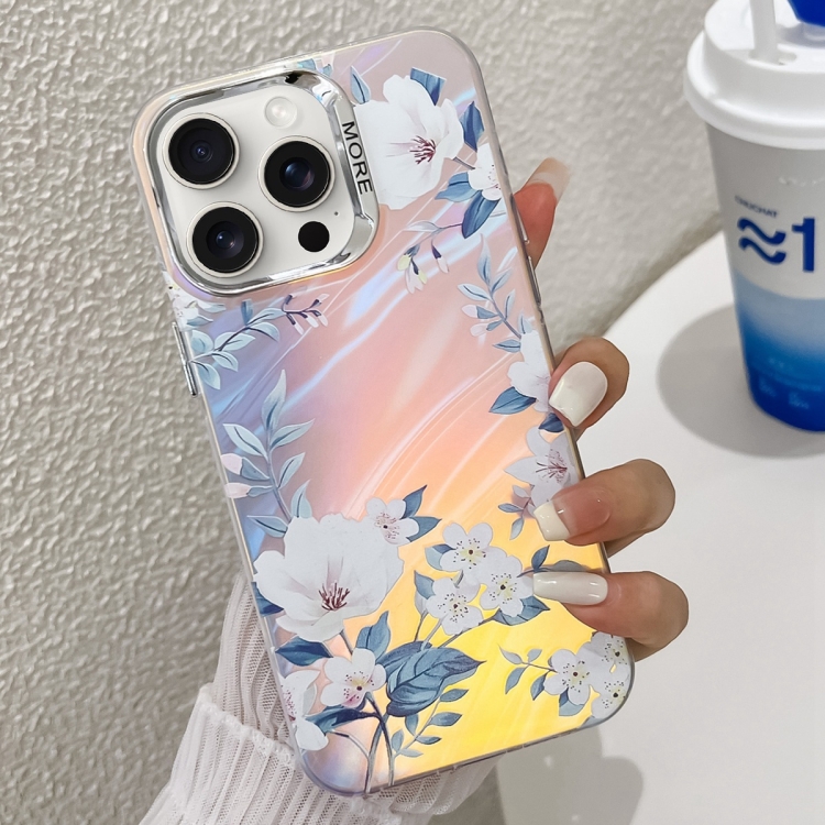 

For iPhone 15 Pro Electroplating Laser Flower Texture TPU Phone Case(White Flower AH10)