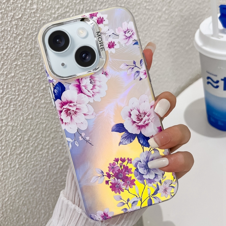 

For iPhone 15 Electroplating Laser Flower Texture TPU Phone Case(Peony AH11)