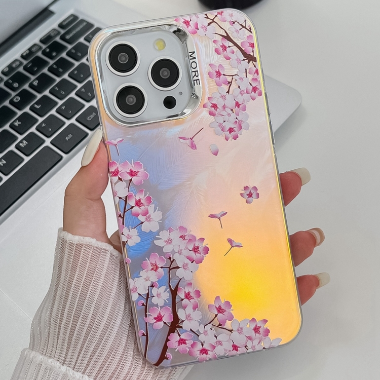 

For iPhone 13 Pro Max Electroplating Laser Flower Texture TPU Phone Case(Peach Blossom AH4)