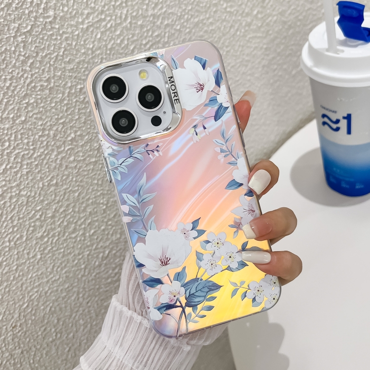 

For iPhone 16 Pro Electroplating Laser Flower Texture TPU Phone Case(White Flower AH10)