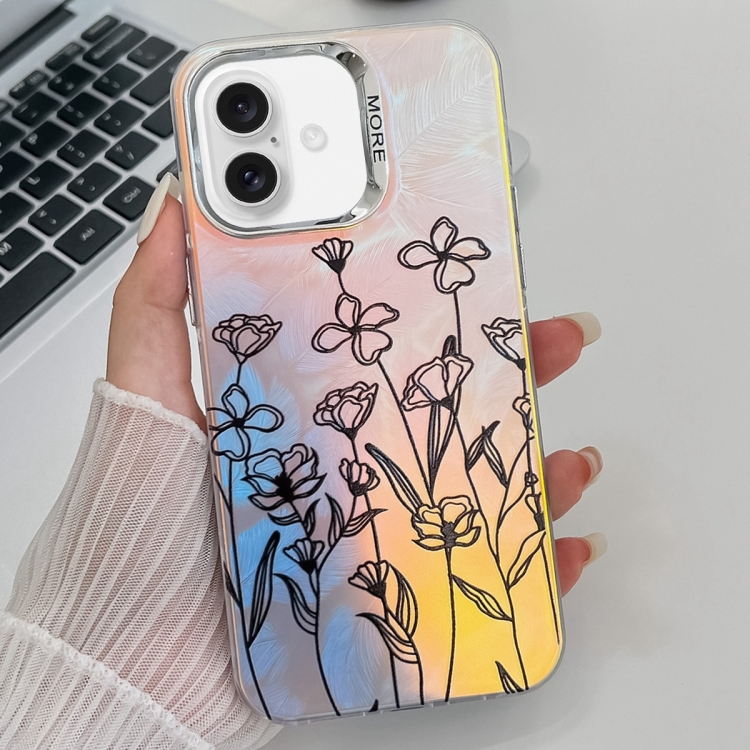 

For iPhone 16 Plus Electroplating Laser Flower Texture TPU Phone Case(Drawn Flowers AH3)