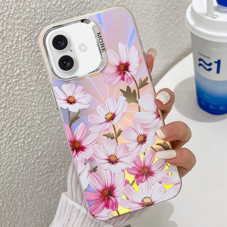 

For iPhone 16 Plus Electroplating Laser Flower Texture TPU Phone Case(Cosmos Flower AH7)