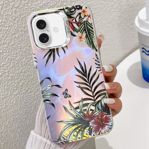 

For iPhone 16 Plus Electroplating Laser Flower Texture TPU Phone Case(Leaves AH12)