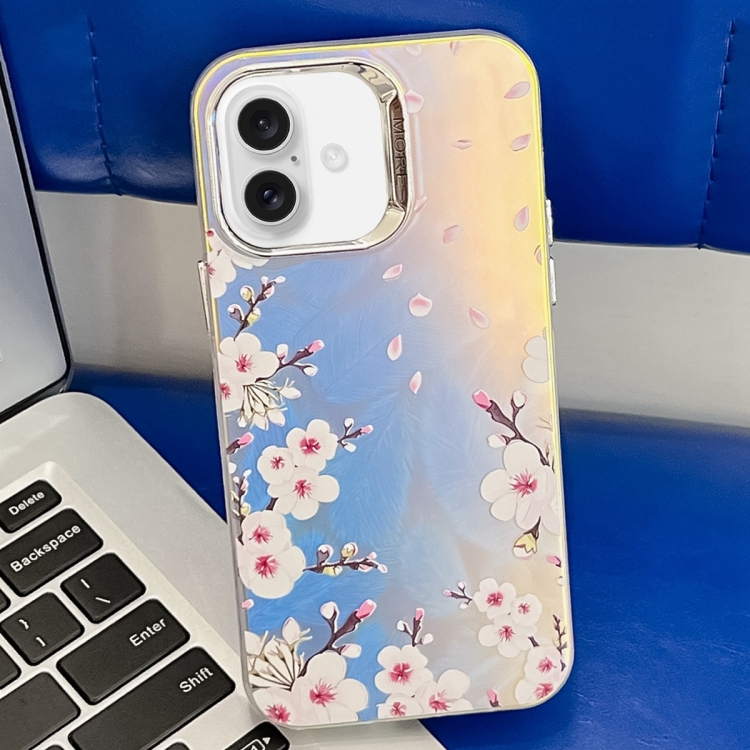 

For iPhone 16 Plus Electroplating Laser Flower Texture TPU Phone Case(Plum Blossom AH18)