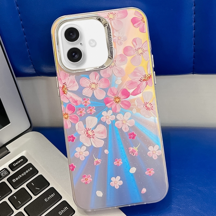 

For iPhone 16 Electroplating Laser Flower Texture TPU Phone Case(Pink Flower AH13)