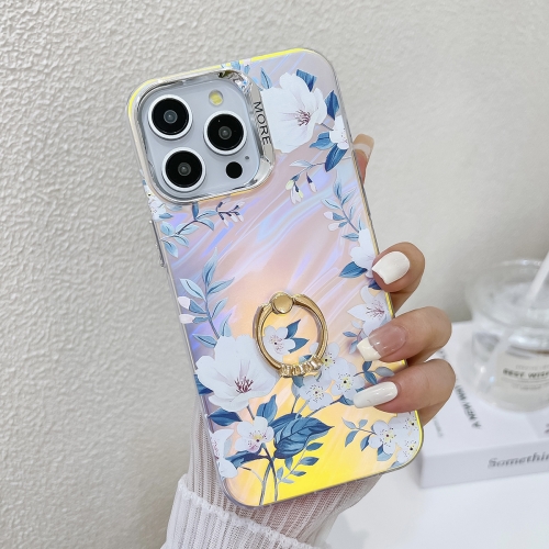 

For iPhone 13 Pro Max Electroplating Laser Flower Ring Holder TPU Phone Case(White Flower AH10)