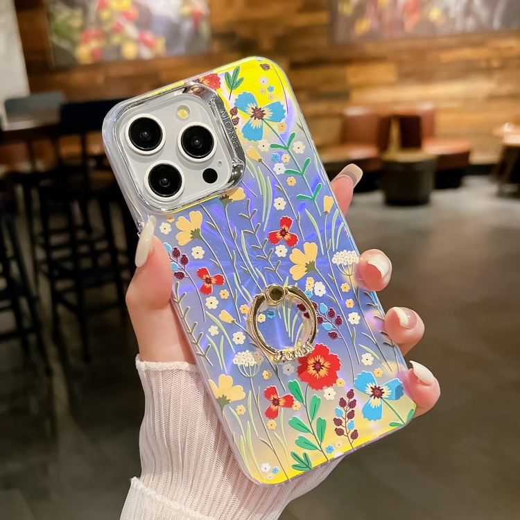 

For iPhone 13 Pro Electroplating Laser Flower Ring Holder TPU Phone Case(Flower AH6)