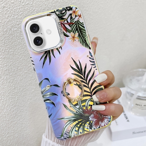 

For iPhone 16 Electroplating Laser Flower Ring Holder TPU Phone Case(Leaves AH12)