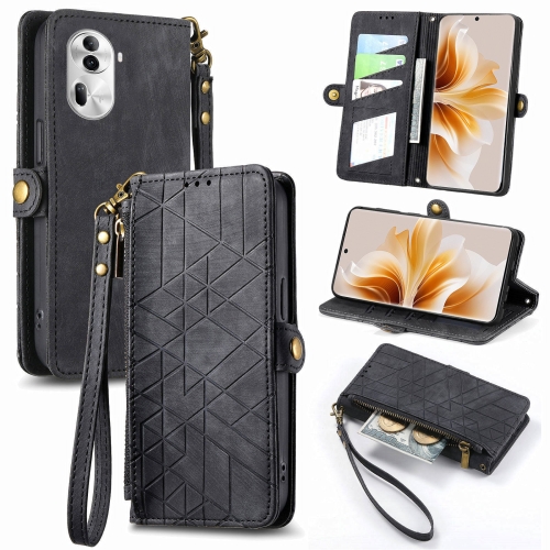 

For OPPO Reno11 5G Global Geometric Zipper Wallet Side Buckle Leather Phone Case(Black)