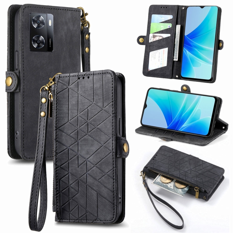 

For OPPO A57 4G Geometric Zipper Wallet Side Buckle Leather Phone Case(Black)