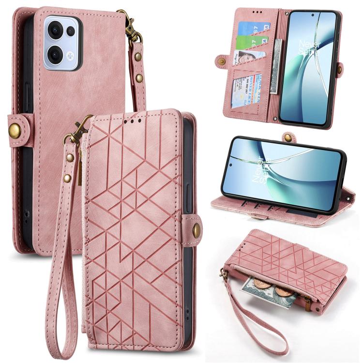 

For OPPO Reno13 Geometric Zipper Wallet Side Buckle Leather Phone Case(Pink)