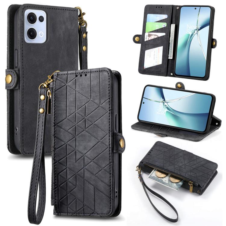 

For OPPO Reno13 Pro Geometric Zipper Wallet Side Buckle Leather Phone Case(Black)