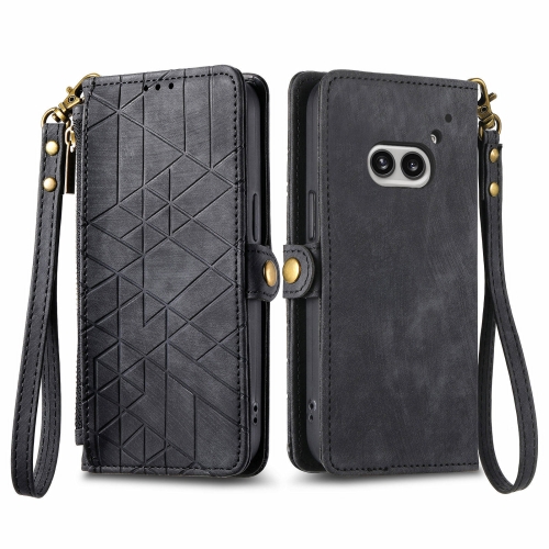 

For Nothing Phone 2a Geometric Zipper Wallet Side Buckle Leather Phone Case(Black)