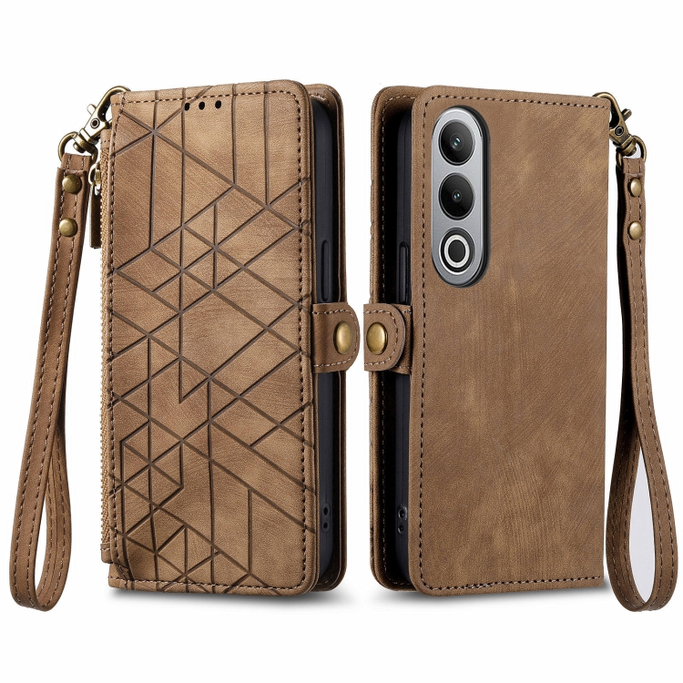 

For OnePlus Nord CE 4 Geometric Zipper Wallet Side Buckle Leather Phone Case(Brown)