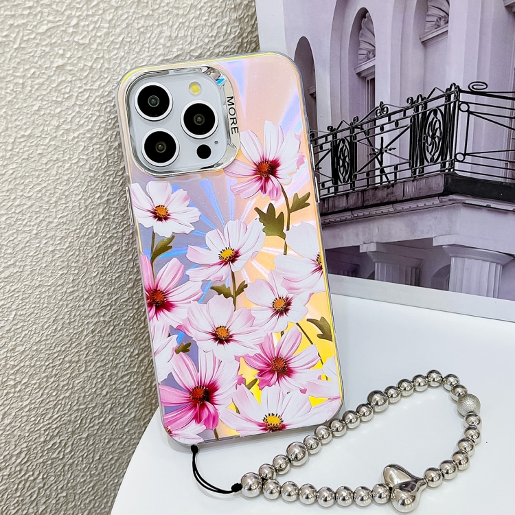 

For iPhone 15 Pro Electroplating Laser Flower Phone Case with Wrist Strap(Cosmos Flower AH7)