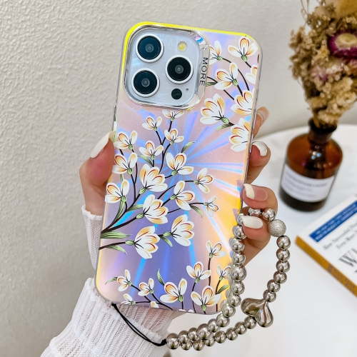 

For iPhone 15 Pro Electroplating Laser Flower Phone Case with Wrist Strap(Pear Blossom AH17)