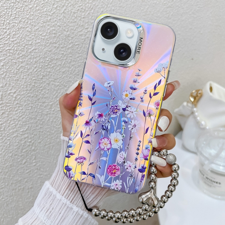 

For iPhone 15 Electroplating Laser Flower Phone Case with Wrist Strap(Flower AH1)