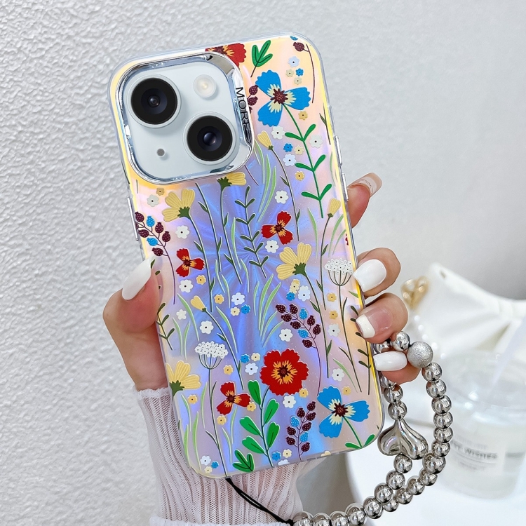 

For iPhone 15 Electroplating Laser Flower Phone Case with Wrist Strap(Flower AH6)