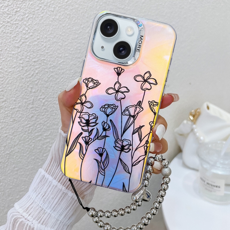 

For iPhone 15 Electroplating Laser Flower Phone Case with Wrist Strap(Drawn Flowers AH3)