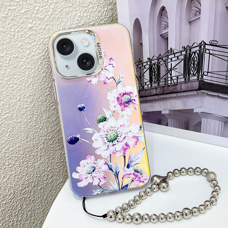 

For iPhone 15 Electroplating Laser Flower Phone Case with Wrist Strap(Zinnia AH9)