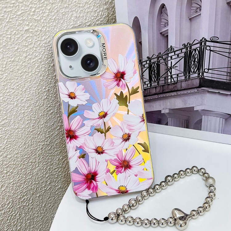 

For iPhone 15 Electroplating Laser Flower Phone Case with Wrist Strap(Cosmos Flower AH7)
