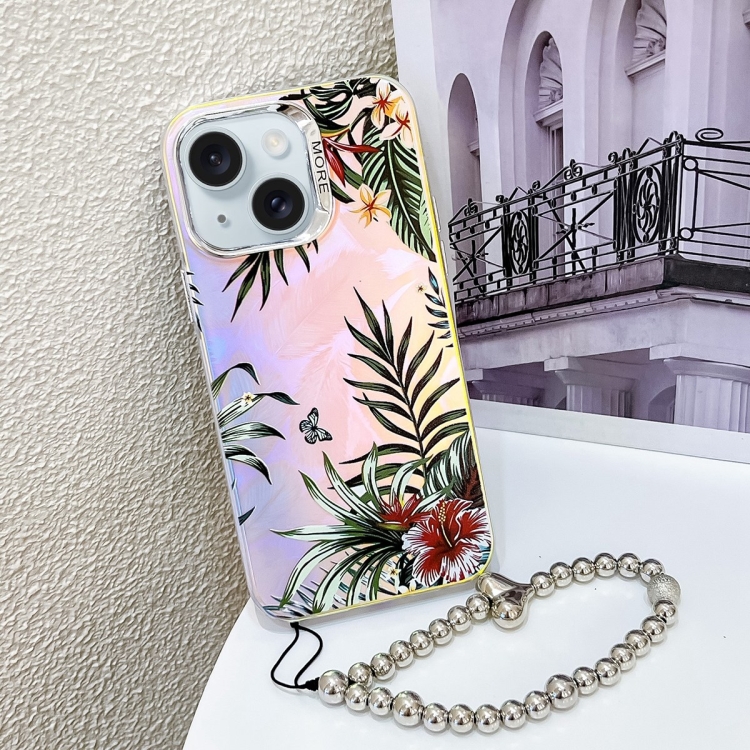 

For iPhone 15 Electroplating Laser Flower Phone Case with Wrist Strap(Leaves AH12)