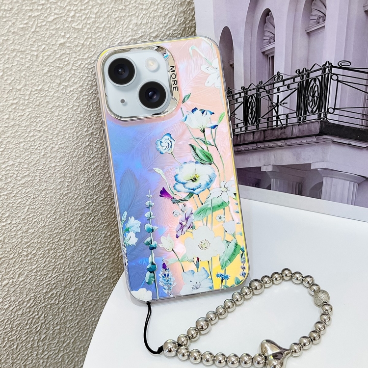 

For iPhone 15 Electroplating Laser Flower Phone Case with Wrist Strap(Blue Flower AH8)