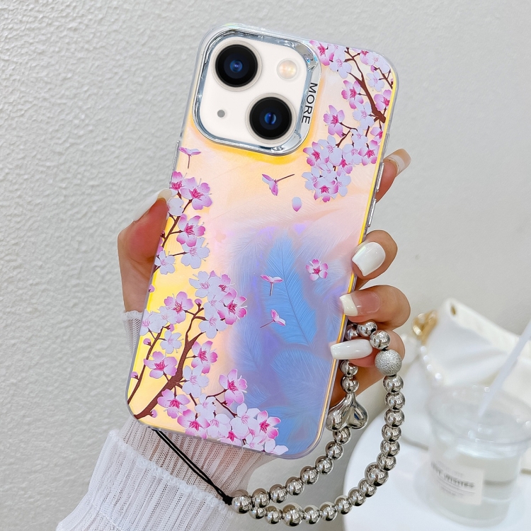 

For iPhone 14 Electroplating Laser Flower Phone Case with Wrist Strap(Peach Blossom AH4)