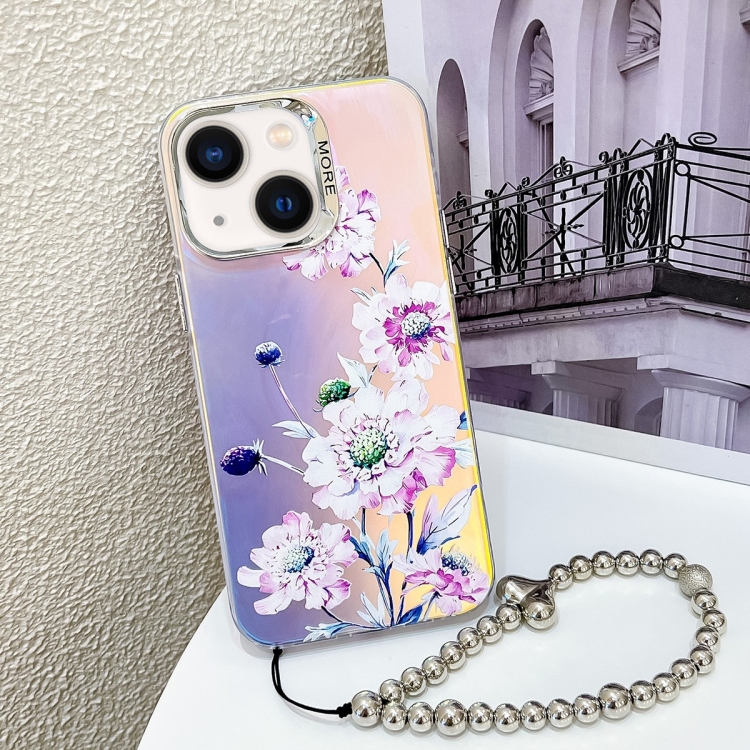 

For iPhone 14 Electroplating Laser Flower Phone Case with Wrist Strap(Zinnia AH9)