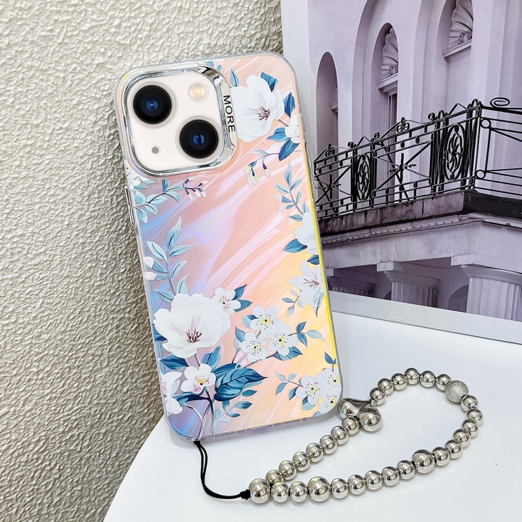 

For iPhone 14 Electroplating Laser Flower Phone Case with Wrist Strap(White Flower AH10)
