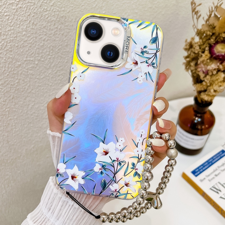 

For iPhone 14 Electroplating Laser Flower Phone Case with Wrist Strap(Morning Glory AH16)