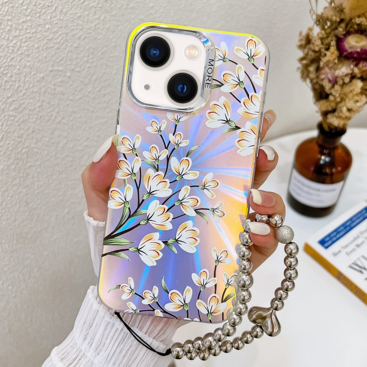 

For iPhone 14 Electroplating Laser Flower Phone Case with Wrist Strap(Pear Blossom AH17)