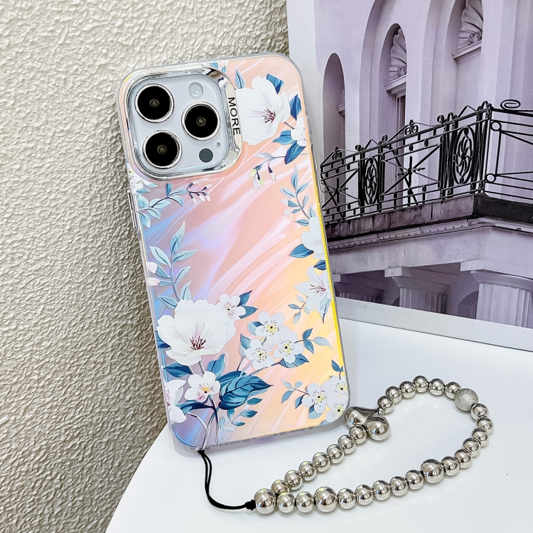 

For iPhone 14 Pro Electroplating Laser Flower Phone Case with Wrist Strap(White Flower AH10)