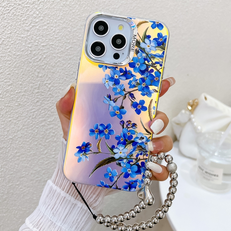 

For iPhone 14 Pro Max Electroplating Laser Flower Phone Case with Wrist Strap(Myosotis AH2)