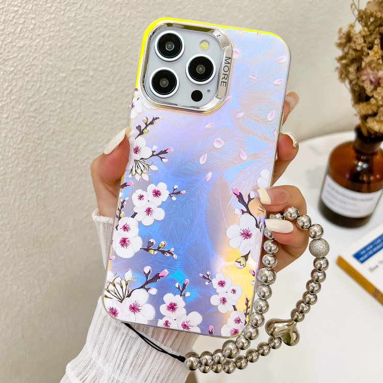 

For iPhone 14 Pro Max Electroplating Laser Flower Phone Case with Wrist Strap(Plum Blossom AH18)