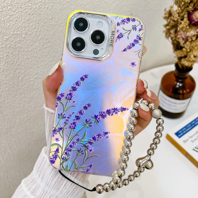 

For iPhone 14 Pro Max Electroplating Laser Flower Phone Case with Wrist Strap(Lavender AH14)