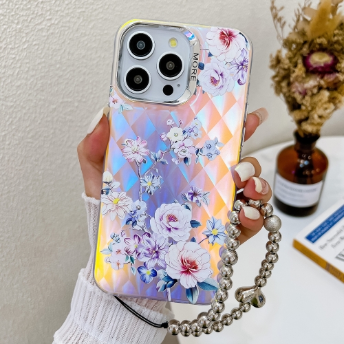 

For iPhone 13 Pro Max Electroplating Laser Flower Phone Case with Wrist Strap(Rose AH15)