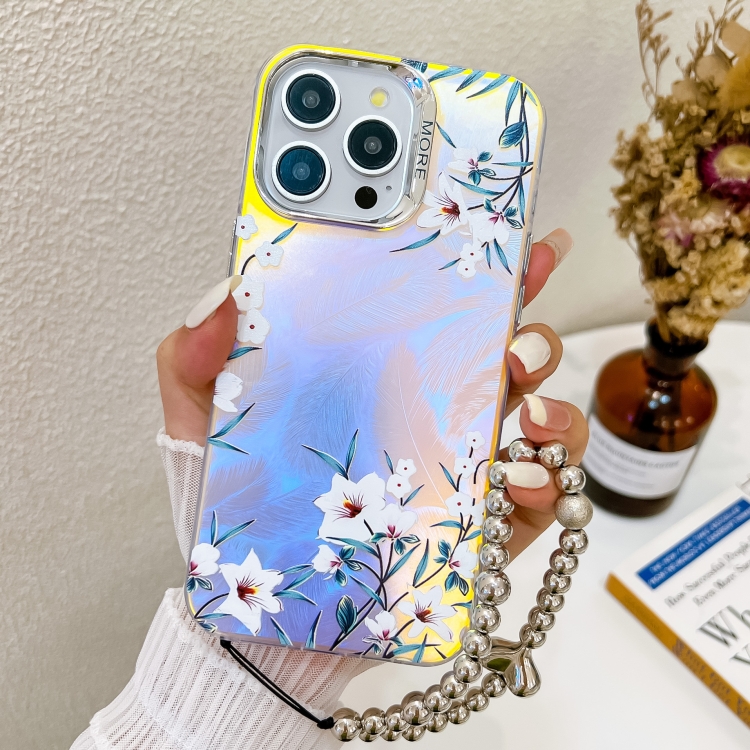 

For iPhone 13 Pro Max Electroplating Laser Flower Phone Case with Wrist Strap(Morning Glory AH16)