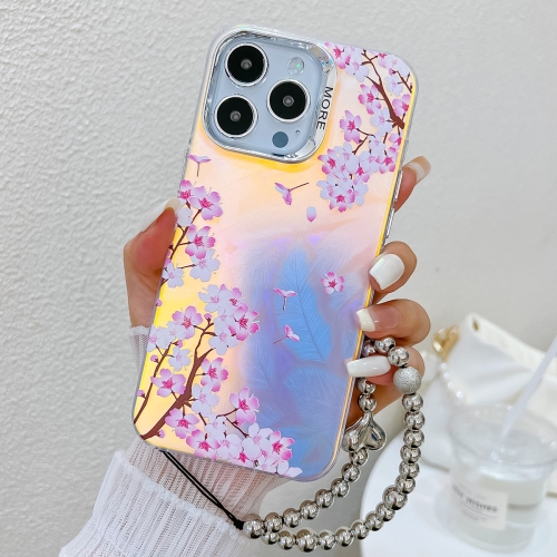 

For iPhone 13 Pro Electroplating Laser Flower Phone Case with Wrist Strap(Peach Blossom AH4)