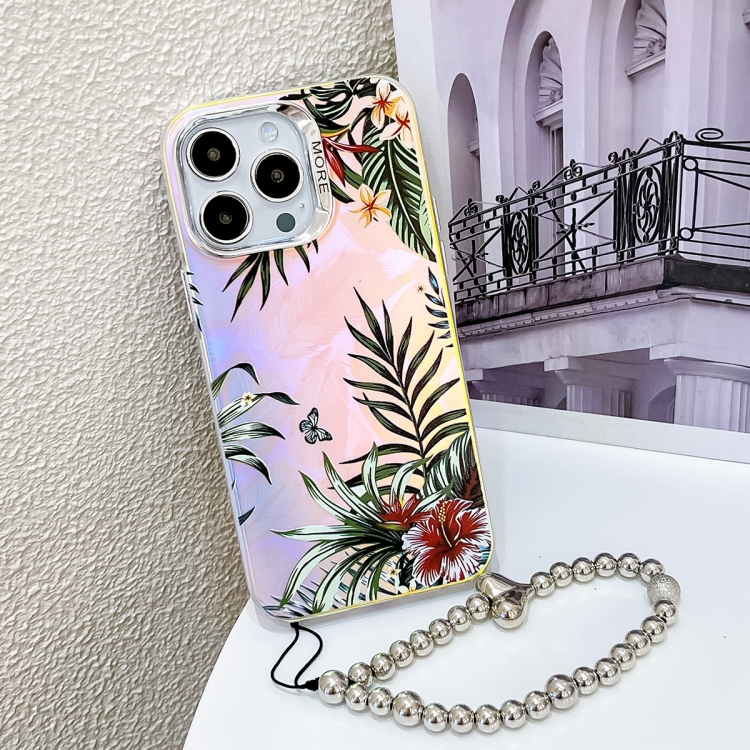 

For iPhone 13 Pro Electroplating Laser Flower Phone Case with Wrist Strap(Leaves AH12)