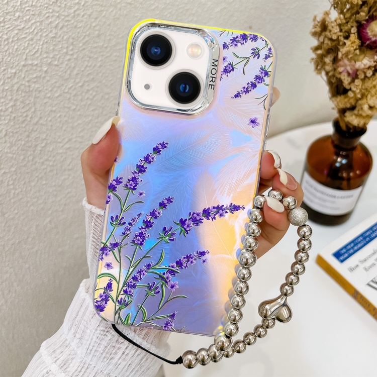 

For iPhone 13 Electroplating Laser Flower Phone Case with Wrist Strap(Lavender AH14)
