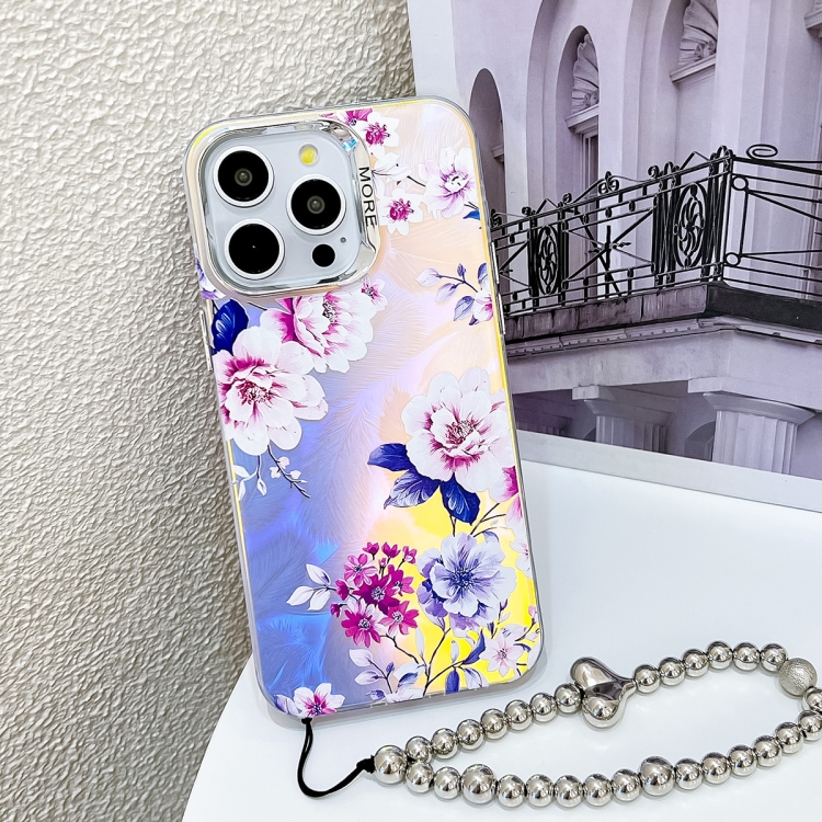 

For iPhone 16 Pro Electroplating Laser Flower Phone Case with Wrist Strap(Peony AH11)